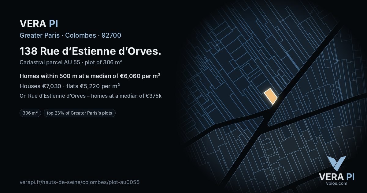 138 Rue d’Estienne d’Orves, Colombes at night – the plot lit, the parcels around coloured by the prices near them
