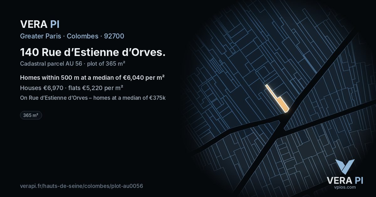 140 Rue d’Estienne d’Orves, Colombes at night – the plot lit, the parcels around coloured by the prices near them