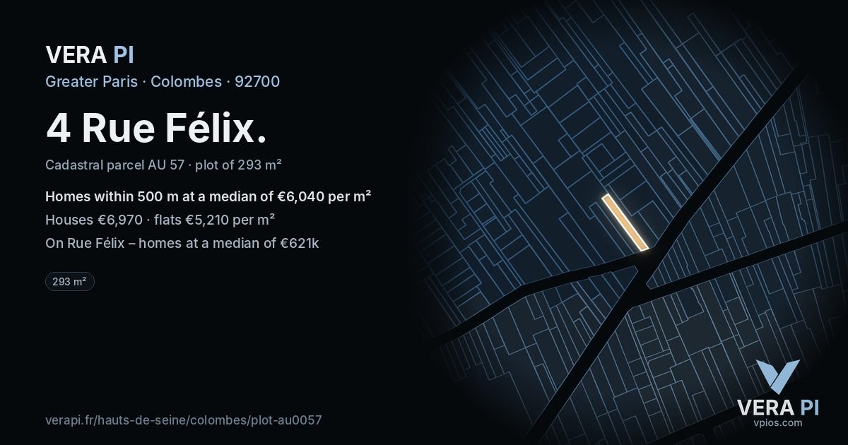 4 Rue Félix, Colombes at night – the plot lit, the parcels around coloured by the prices near them