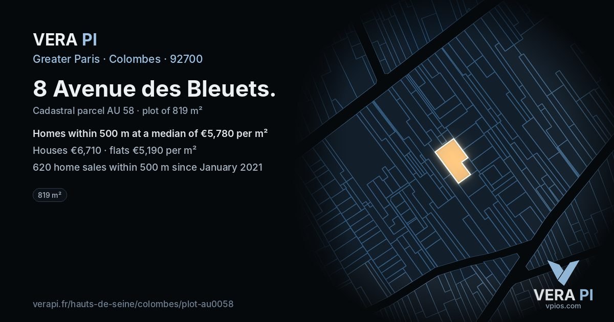 8 Avenue des Bleuets, Colombes at night – the plot lit, the parcels around coloured by the prices near them