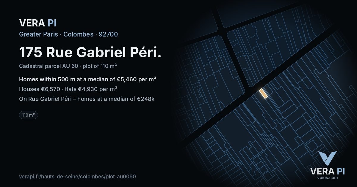 175 Rue Gabriel Péri, Colombes at night – the plot lit, the parcels around coloured by the prices near them