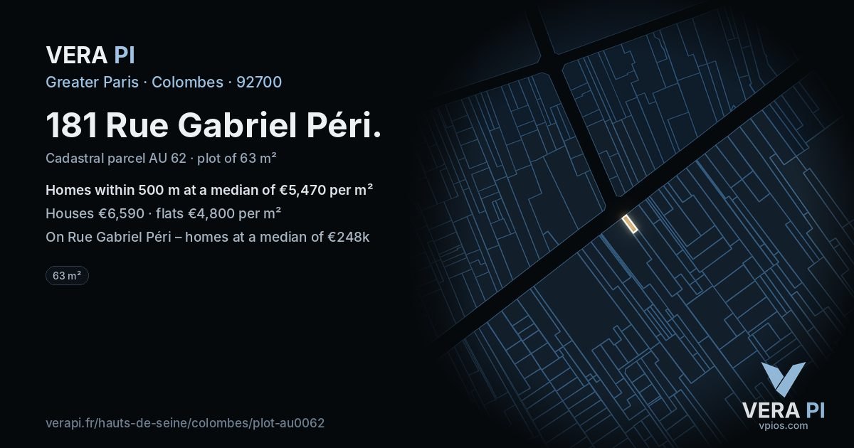 181 Rue Gabriel Péri, Colombes at night – the plot lit, the parcels around coloured by the prices near them