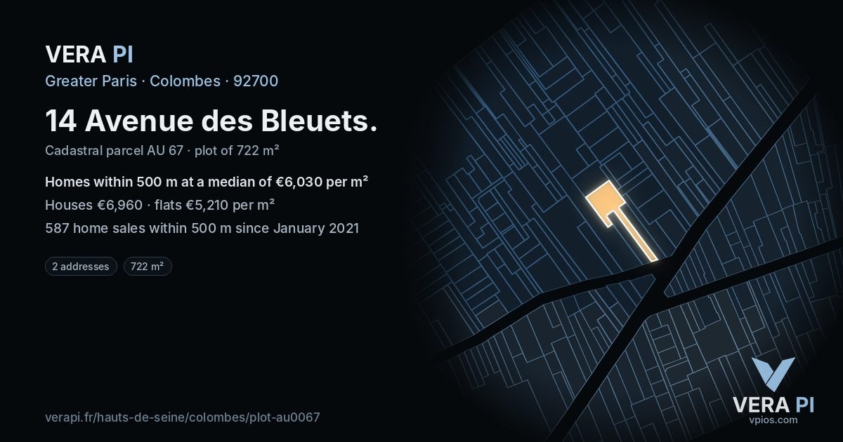 14 Avenue des Bleuets, Colombes at night – the plot lit, the parcels around coloured by the prices near them