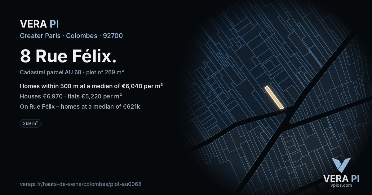 8 Rue Félix, Colombes at night – the plot lit, the parcels around coloured by the prices near them