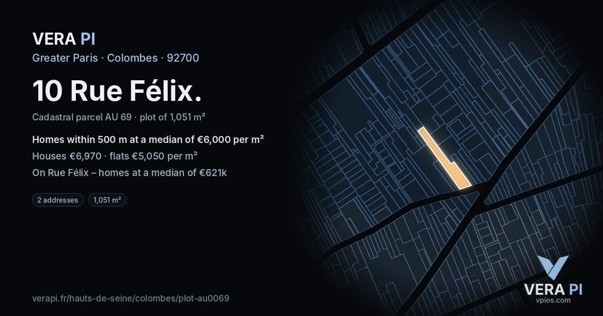 10 Rue Félix, Colombes at night – the plot lit, the parcels around coloured by the prices near them