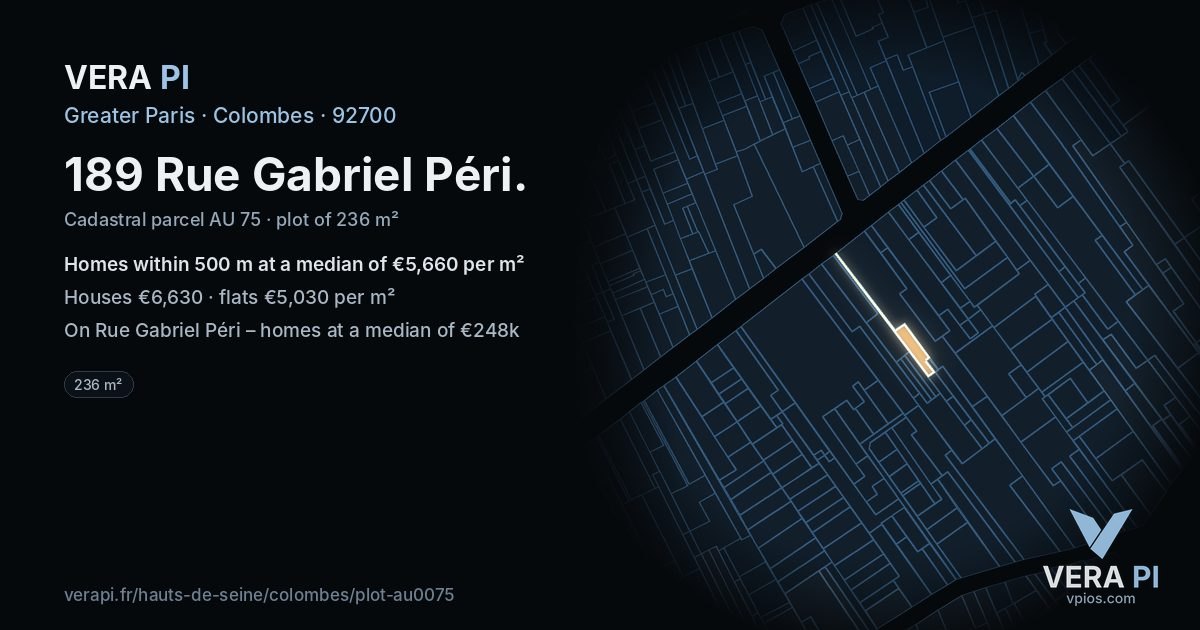 189 Rue Gabriel Péri, Colombes at night – the plot lit, the parcels around coloured by the prices near them