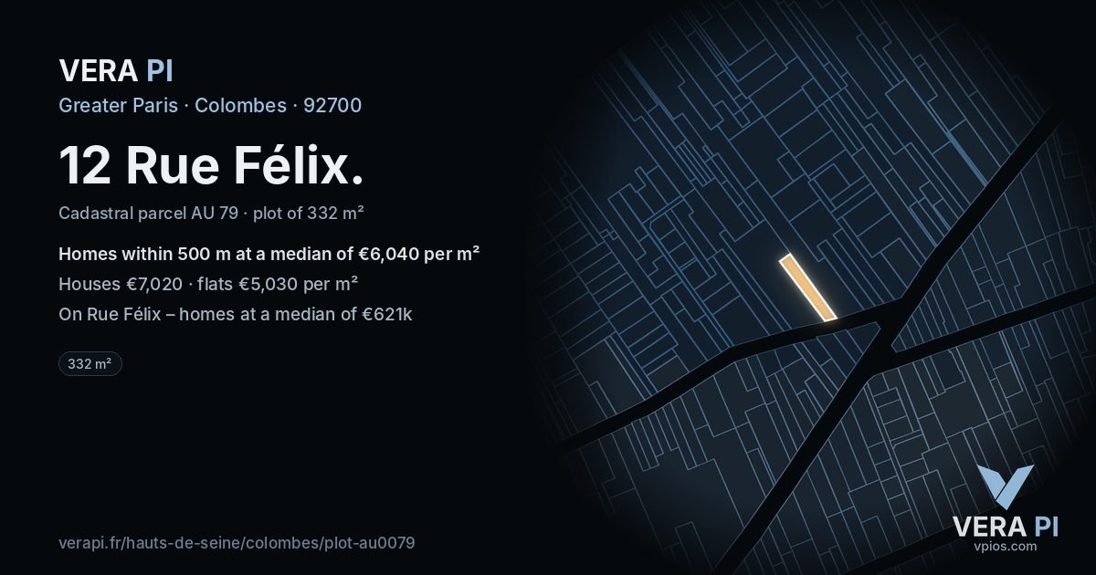12 Rue Félix, Colombes at night – the plot lit, the parcels around coloured by the prices near them
