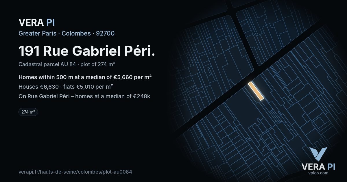 191 Rue Gabriel Péri, Colombes at night – the plot lit, the parcels around coloured by the prices near them