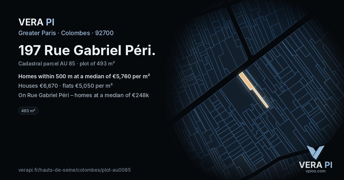 197 Rue Gabriel Péri, Colombes at night – the plot lit, the parcels around coloured by the prices near them