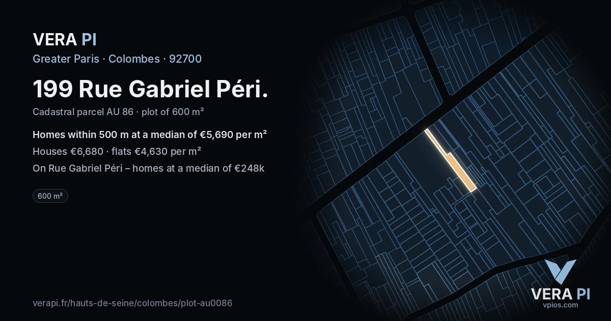 199 Rue Gabriel Péri, Colombes at night – the plot lit, the parcels around coloured by the prices near them