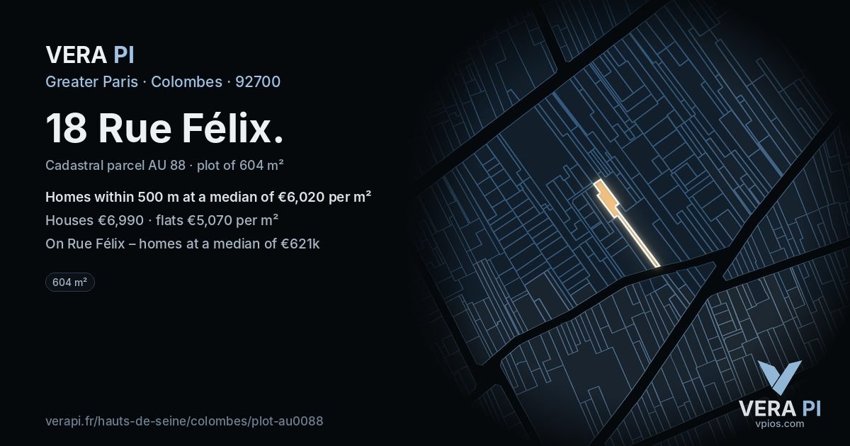 18 Rue Félix, Colombes at night – the plot lit, the parcels around coloured by the prices near them