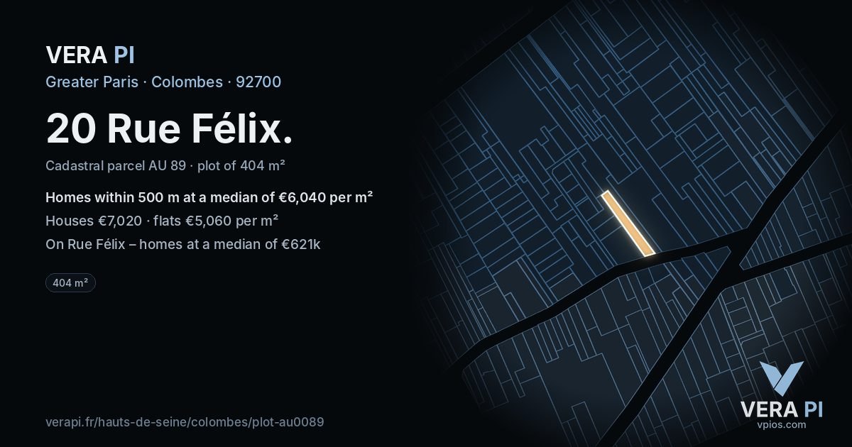 20 Rue Félix, Colombes at night – the plot lit, the parcels around coloured by the prices near them