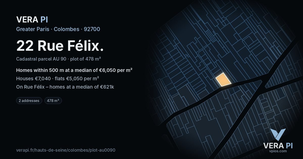 22 Rue Félix, Colombes at night – the plot lit, the parcels around coloured by the prices near them