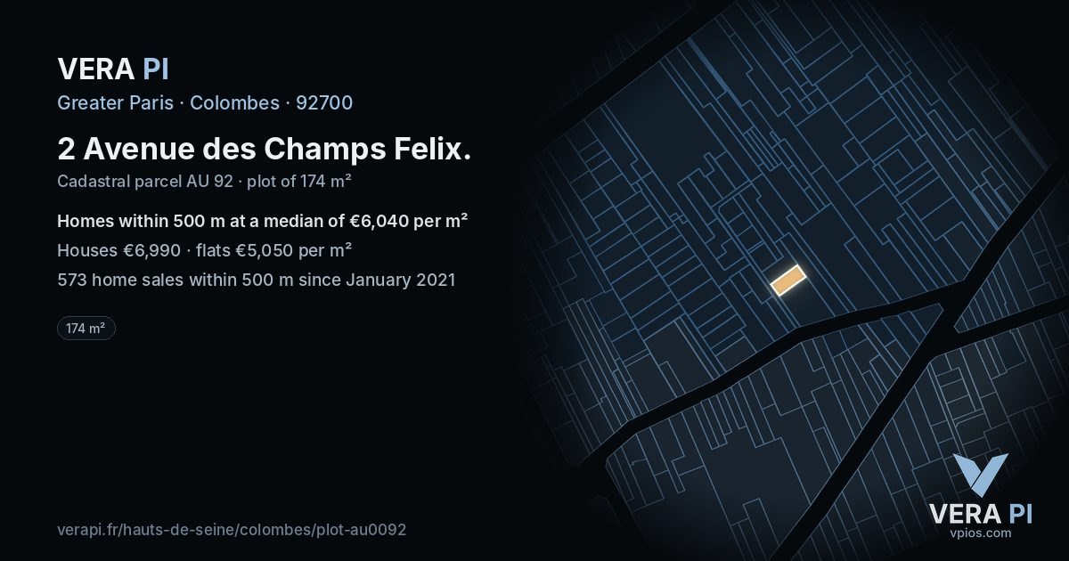 2 Avenue des Champs Felix, Colombes at night – the plot lit, the parcels around coloured by the prices near them