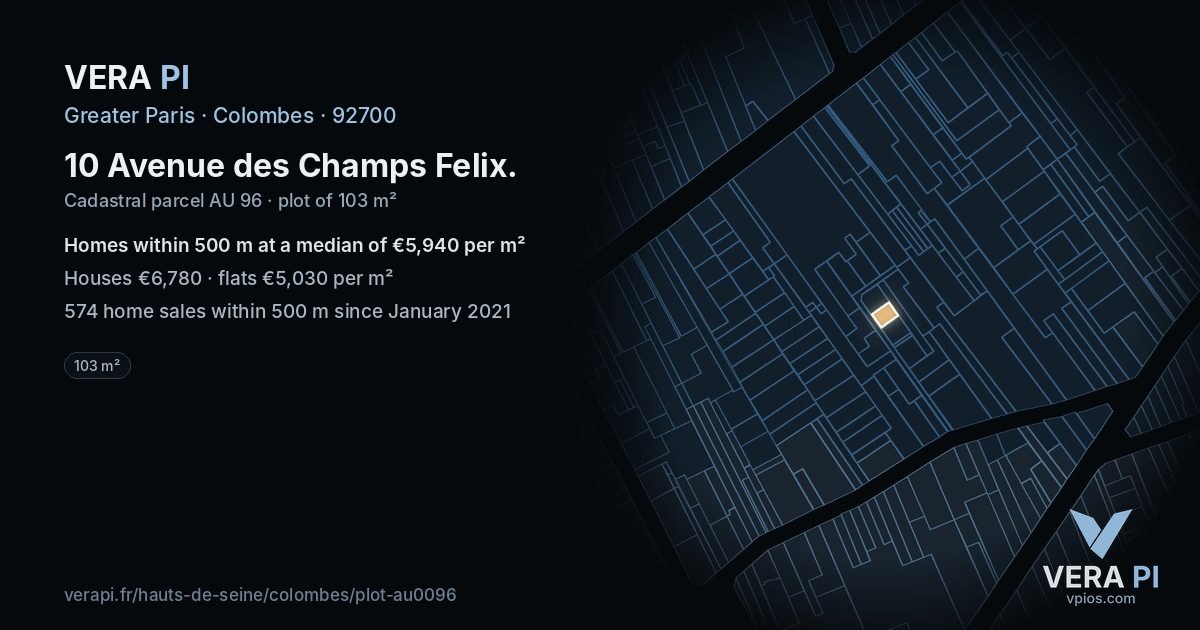 10 Avenue des Champs Felix, Colombes at night – the plot lit, the parcels around coloured by the prices near them