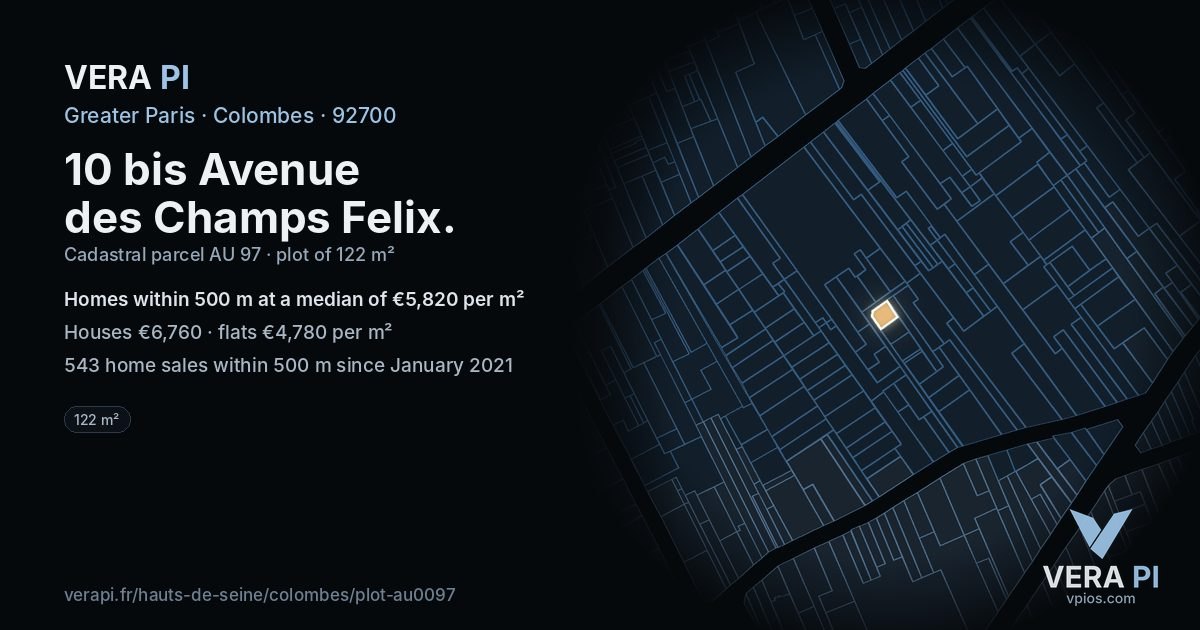 10 bis Avenue des Champs Felix, Colombes at night – the plot lit, the parcels around coloured by the prices near them