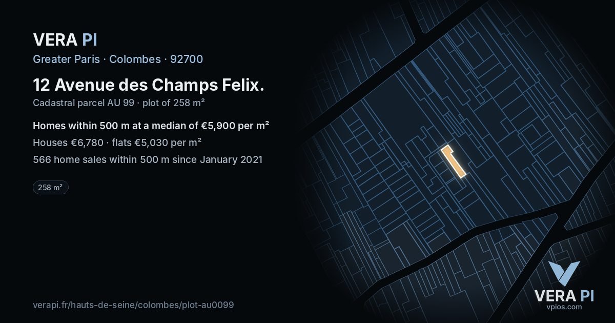12 Avenue des Champs Felix, Colombes at night – the plot lit, the parcels around coloured by the prices near them