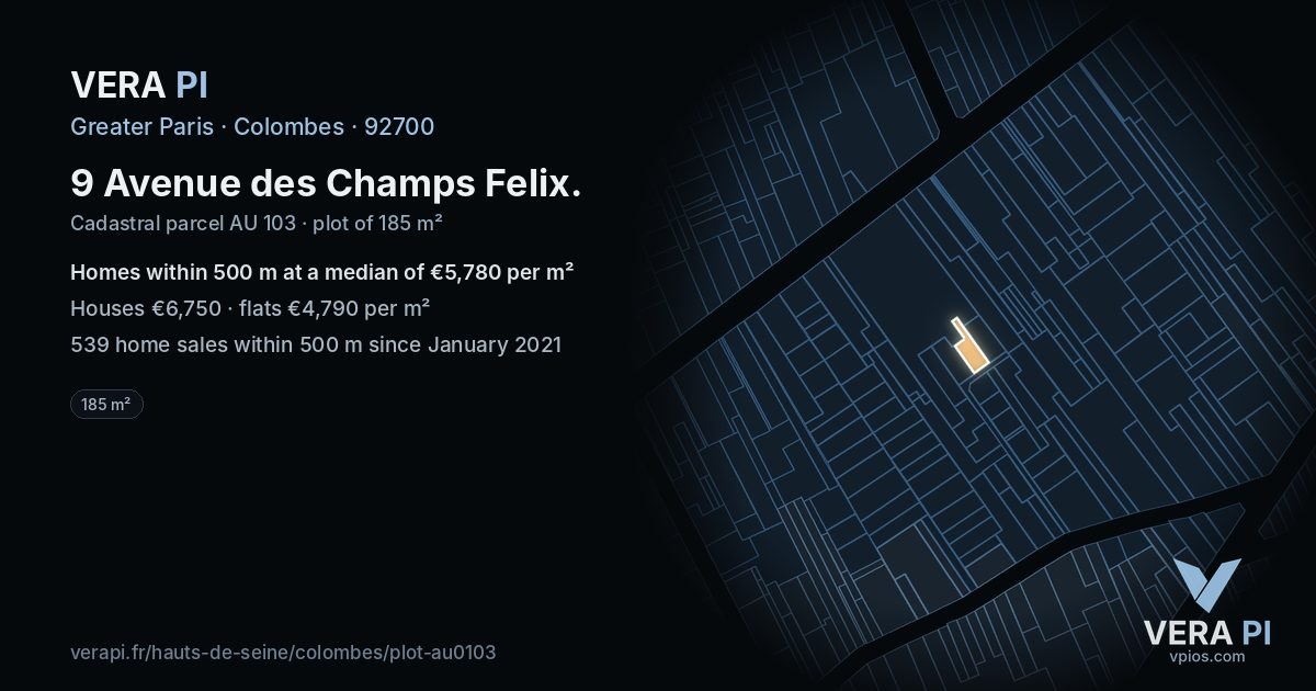 9 Avenue des Champs Felix, Colombes at night – the plot lit, the parcels around coloured by the prices near them