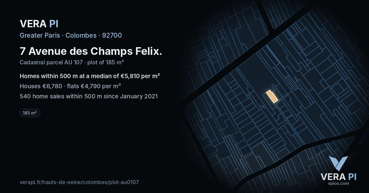 7 Avenue des Champs Felix, Colombes at night – the plot lit, the parcels around coloured by the prices near them