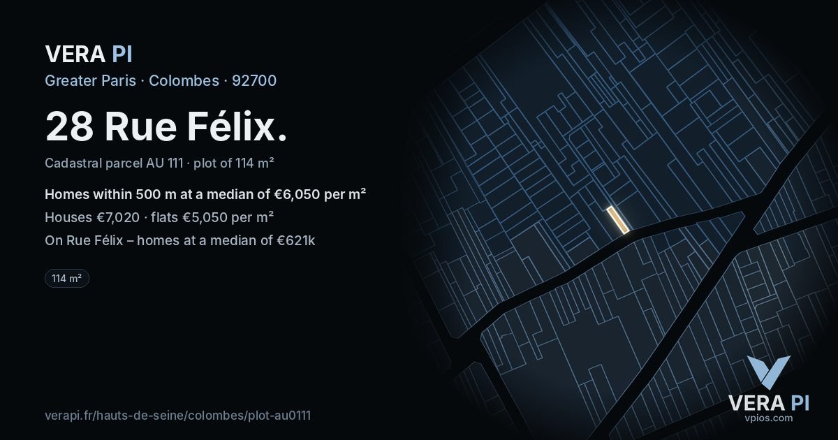 28 Rue Félix, Colombes at night – the plot lit, the parcels around coloured by the prices near them