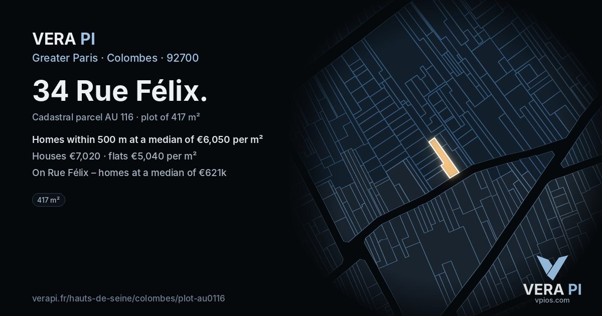 34 Rue Félix, Colombes at night – the plot lit, the parcels around coloured by the prices near them