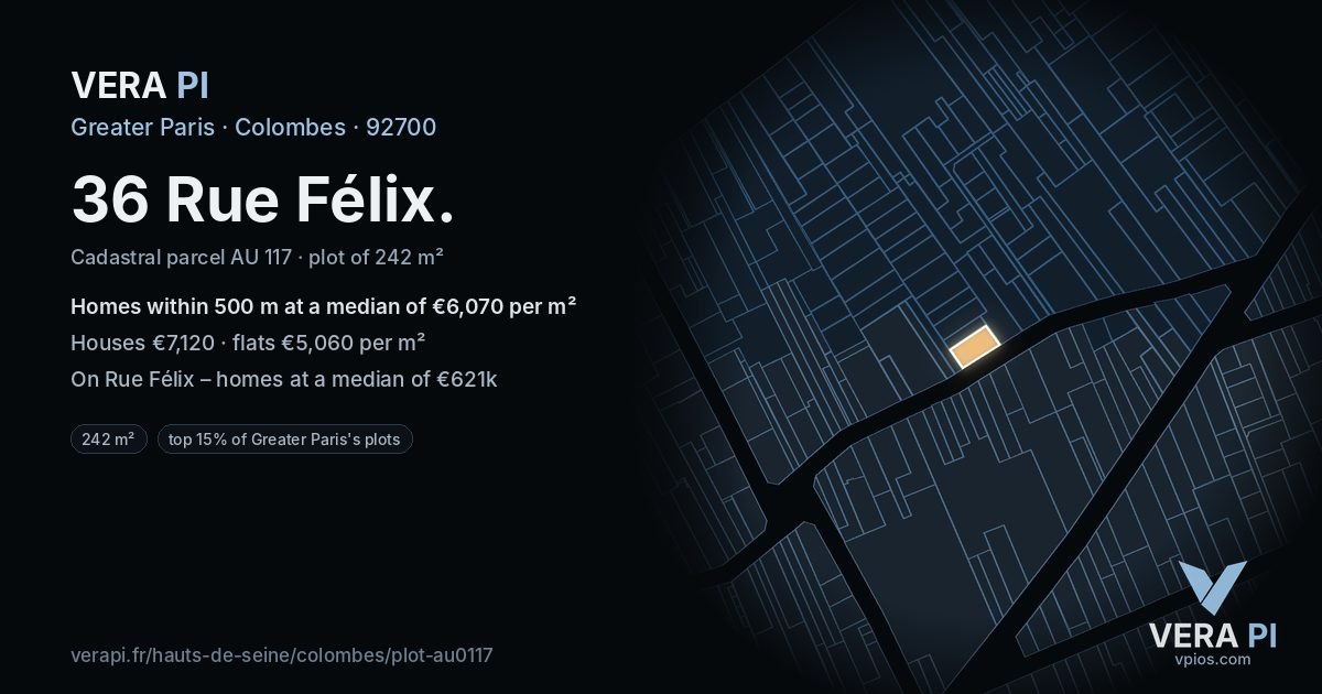 36 Rue Félix, Colombes at night – the plot lit, the parcels around coloured by the prices near them