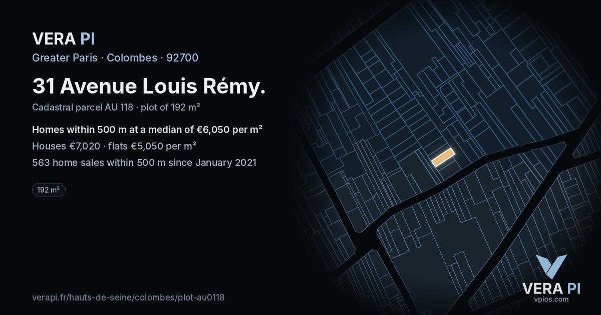 31 Avenue Louis Rémy, Colombes at night – the plot lit, the parcels around coloured by the prices near them
