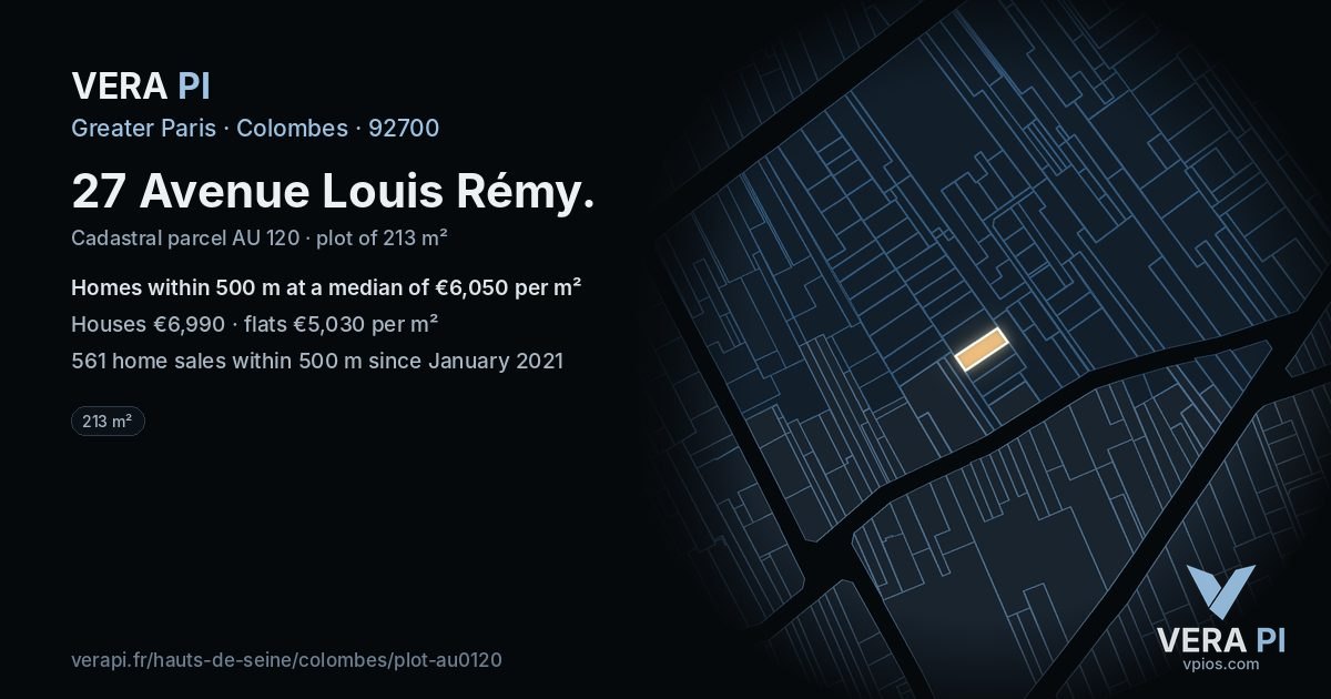 27 Avenue Louis Rémy, Colombes at night – the plot lit, the parcels around coloured by the prices near them