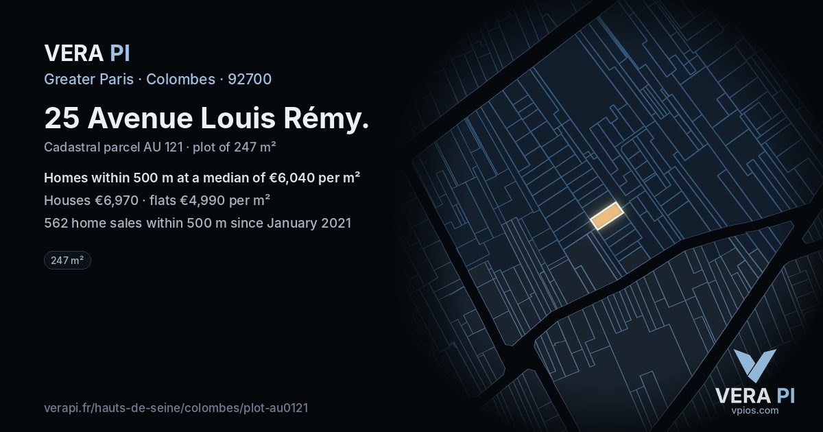 25 Avenue Louis Rémy, Colombes at night – the plot lit, the parcels around coloured by the prices near them