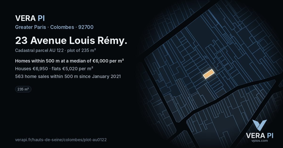 23 Avenue Louis Rémy, Colombes at night – the plot lit, the parcels around coloured by the prices near them