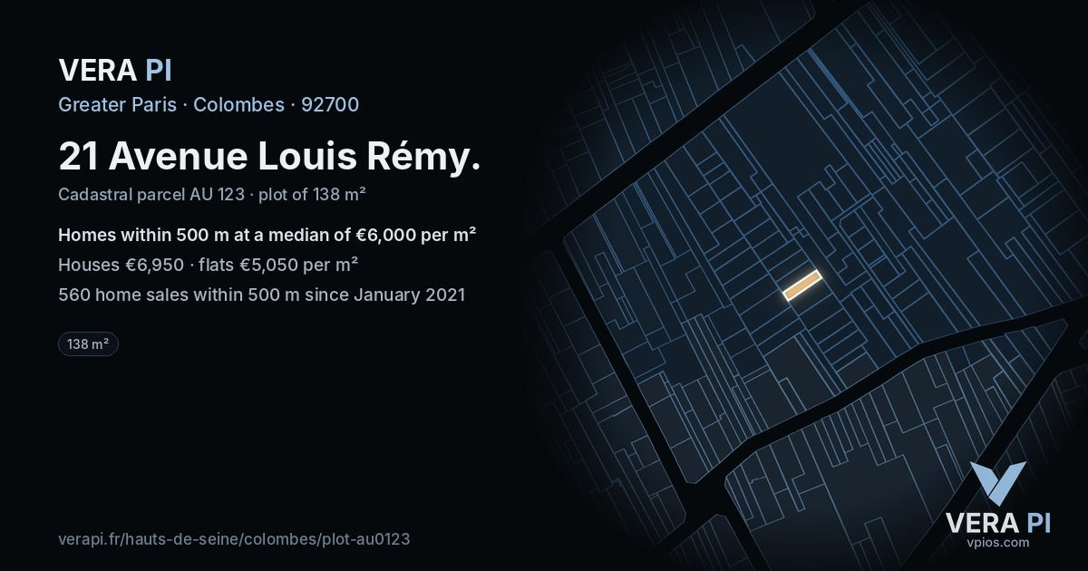 21 Avenue Louis Rémy, Colombes at night – the plot lit, the parcels around coloured by the prices near them