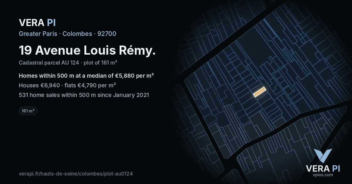 19 Avenue Louis Rémy, Colombes at night – the plot lit, the parcels around coloured by the prices near them