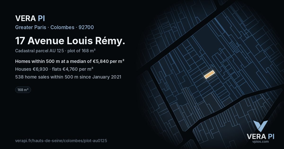 17 Avenue Louis Rémy, Colombes at night – the plot lit, the parcels around coloured by the prices near them