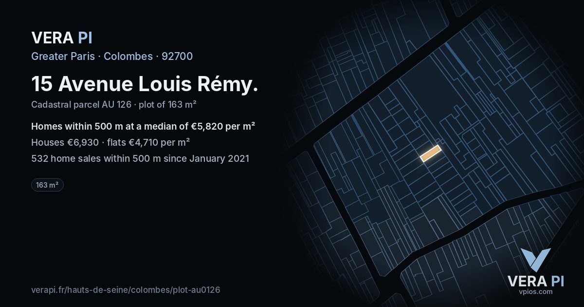 15 Avenue Louis Rémy, Colombes at night – the plot lit, the parcels around coloured by the prices near them