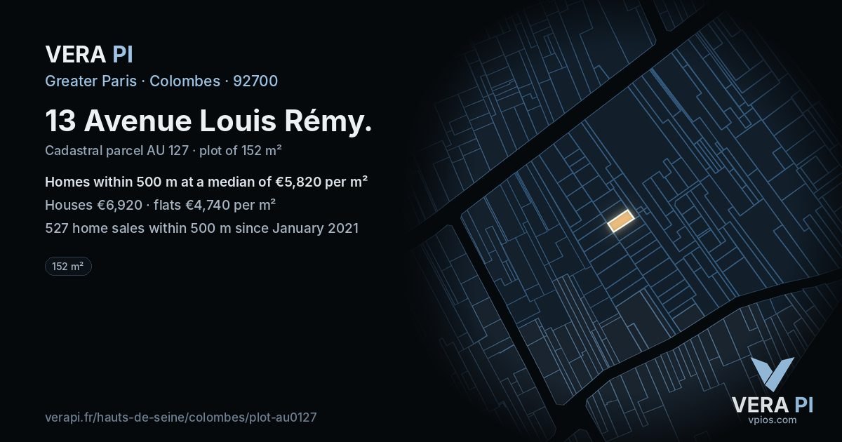 13 Avenue Louis Rémy, Colombes at night – the plot lit, the parcels around coloured by the prices near them