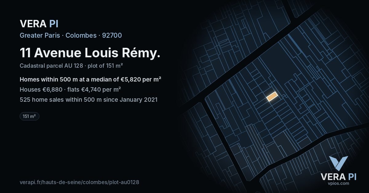 11 Avenue Louis Rémy, Colombes at night – the plot lit, the parcels around coloured by the prices near them