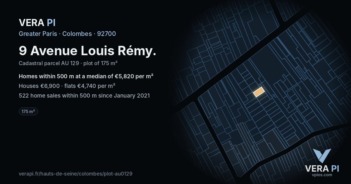 9 Avenue Louis Rémy, Colombes at night – the plot lit, the parcels around coloured by the prices near them