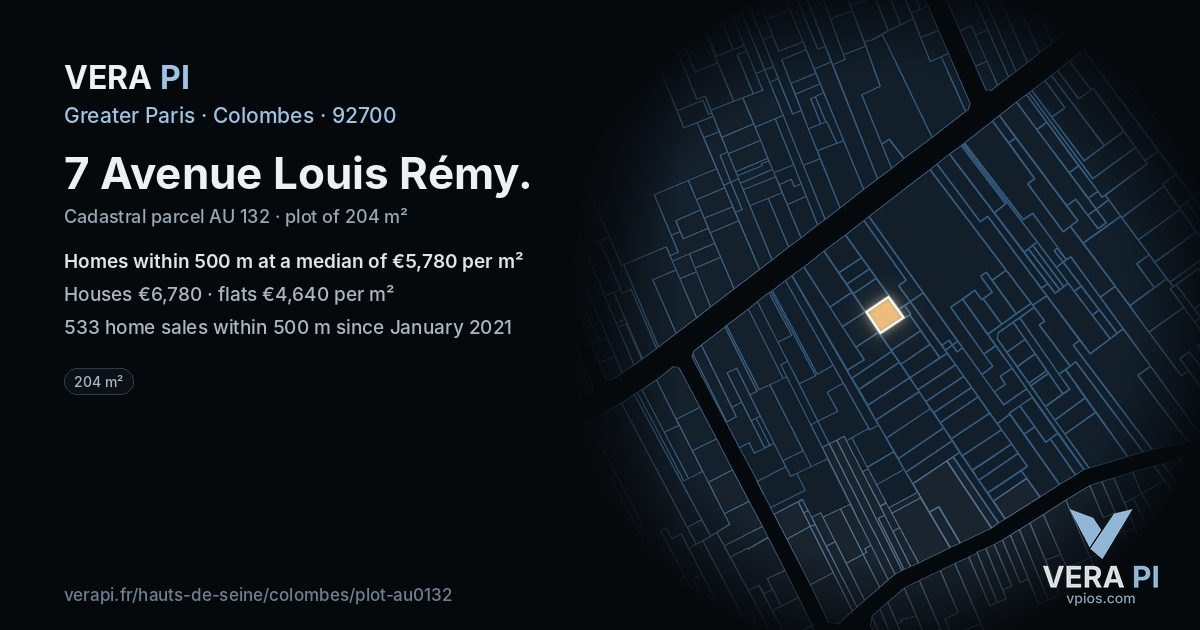 7 Avenue Louis Rémy, Colombes at night – the plot lit, the parcels around coloured by the prices near them