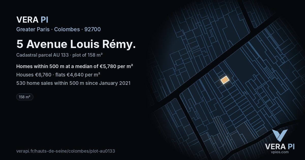 5 Avenue Louis Rémy, Colombes at night – the plot lit, the parcels around coloured by the prices near them