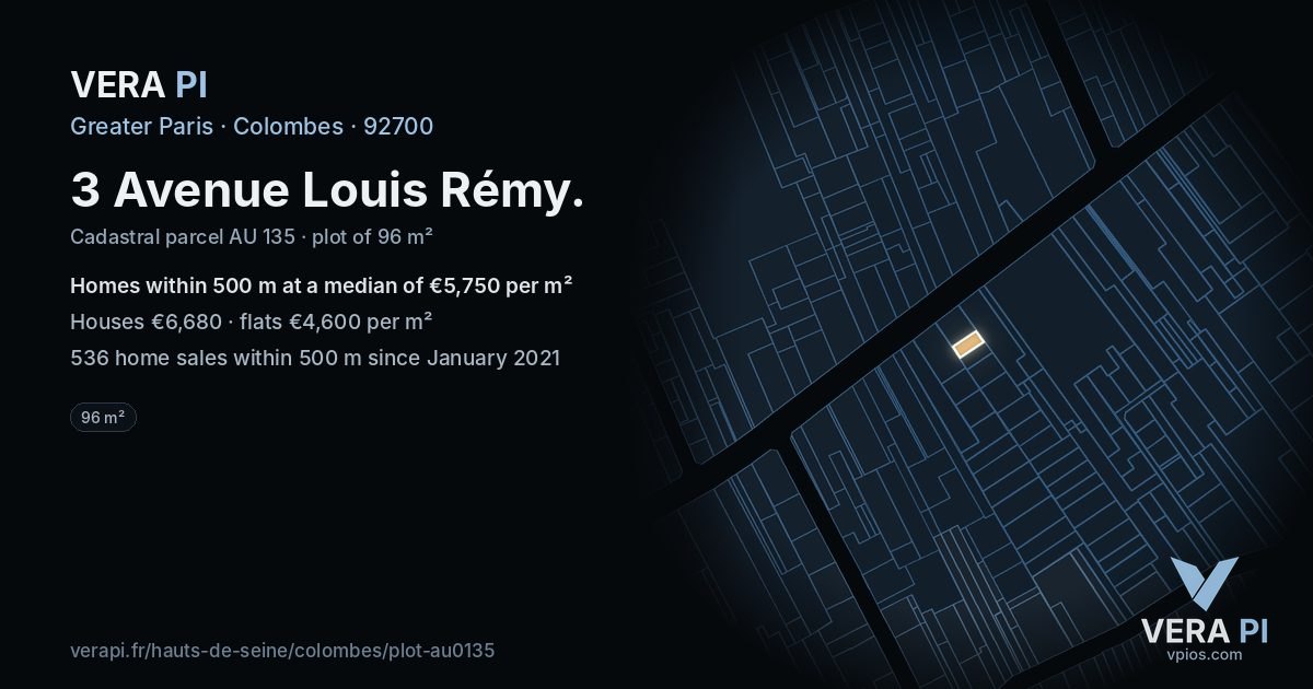 3 Avenue Louis Rémy, Colombes at night – the plot lit, the parcels around coloured by the prices near them