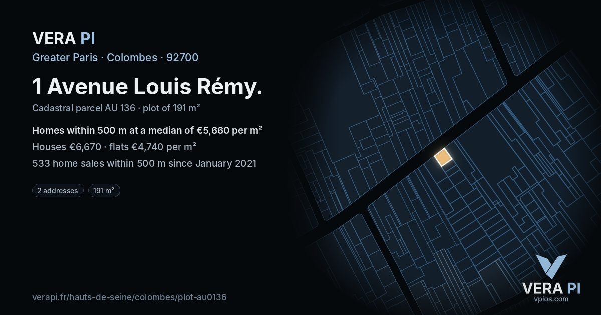 1 Avenue Louis Rémy, Colombes at night – the plot lit, the parcels around coloured by the prices near them