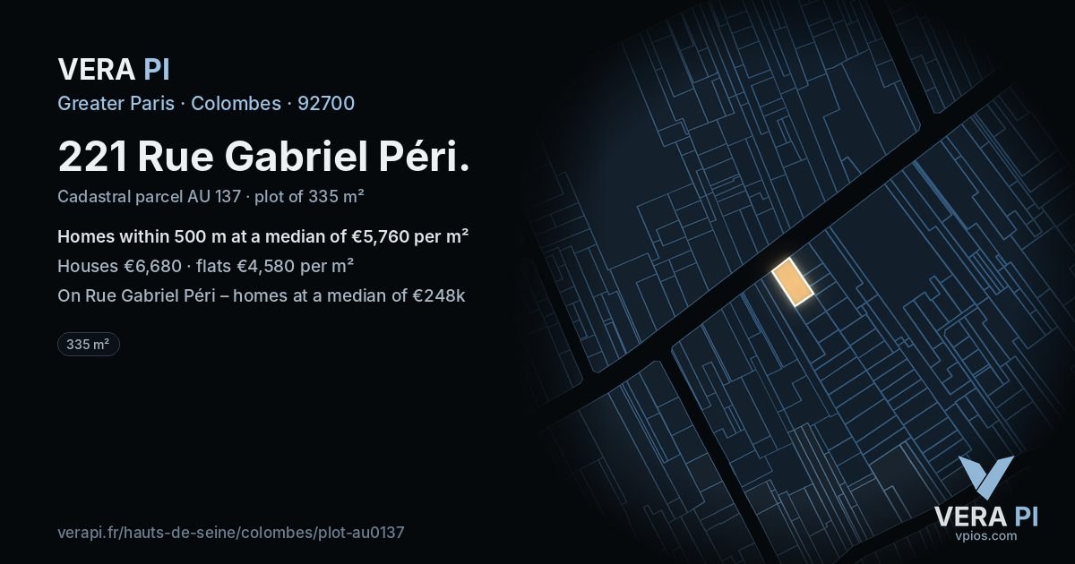 221 Rue Gabriel Péri, Colombes at night – the plot lit, the parcels around coloured by the prices near them