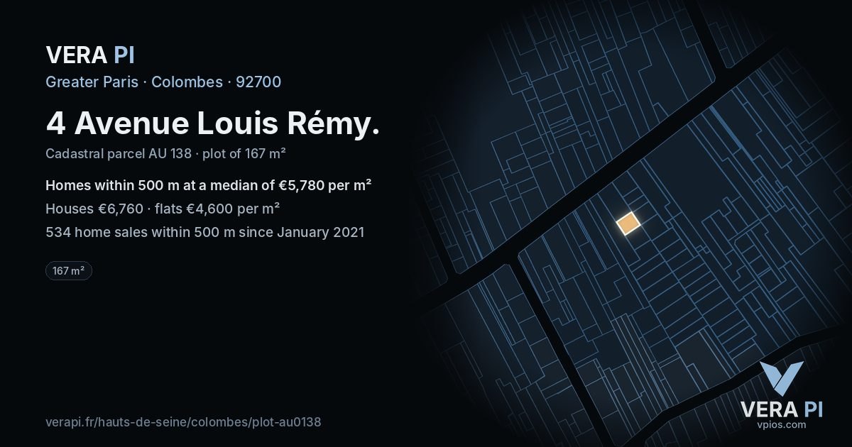 4 Avenue Louis Rémy, Colombes at night – the plot lit, the parcels around coloured by the prices near them