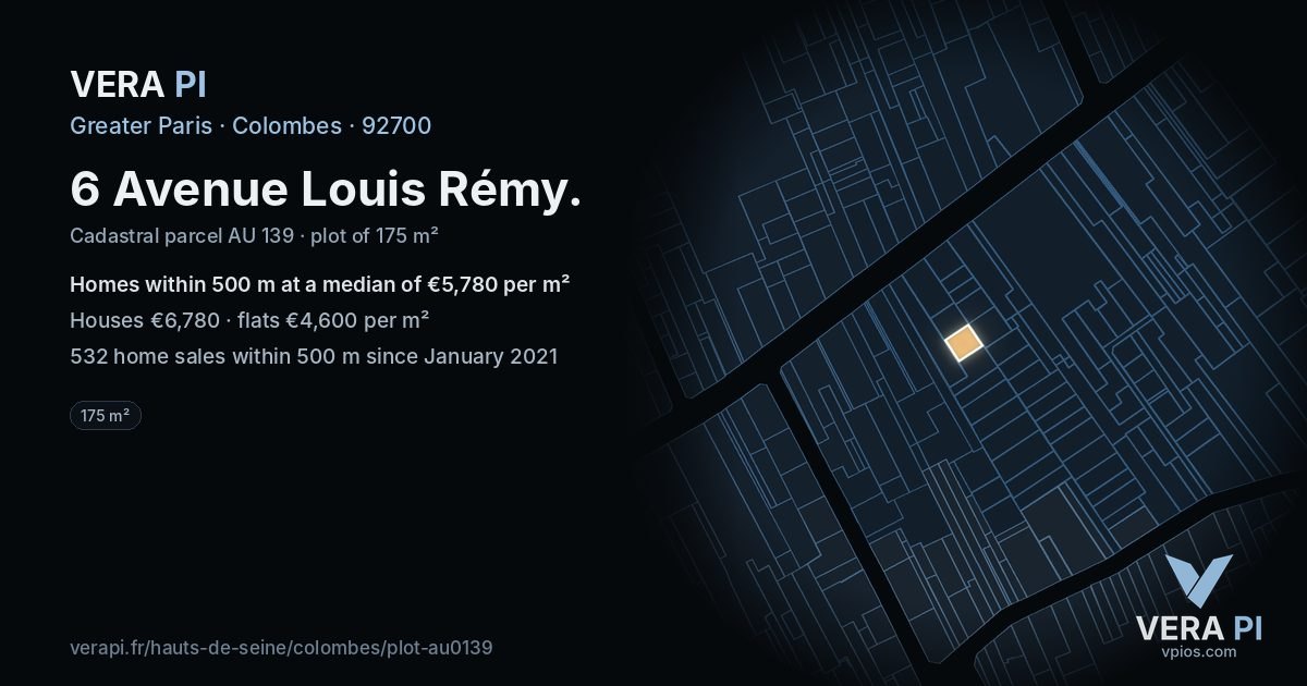 6 Avenue Louis Rémy, Colombes at night – the plot lit, the parcels around coloured by the prices near them