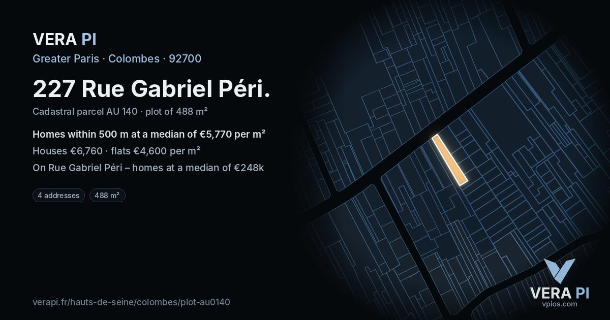 227 Rue Gabriel Péri, Colombes at night – the plot lit, the parcels around coloured by the prices near them