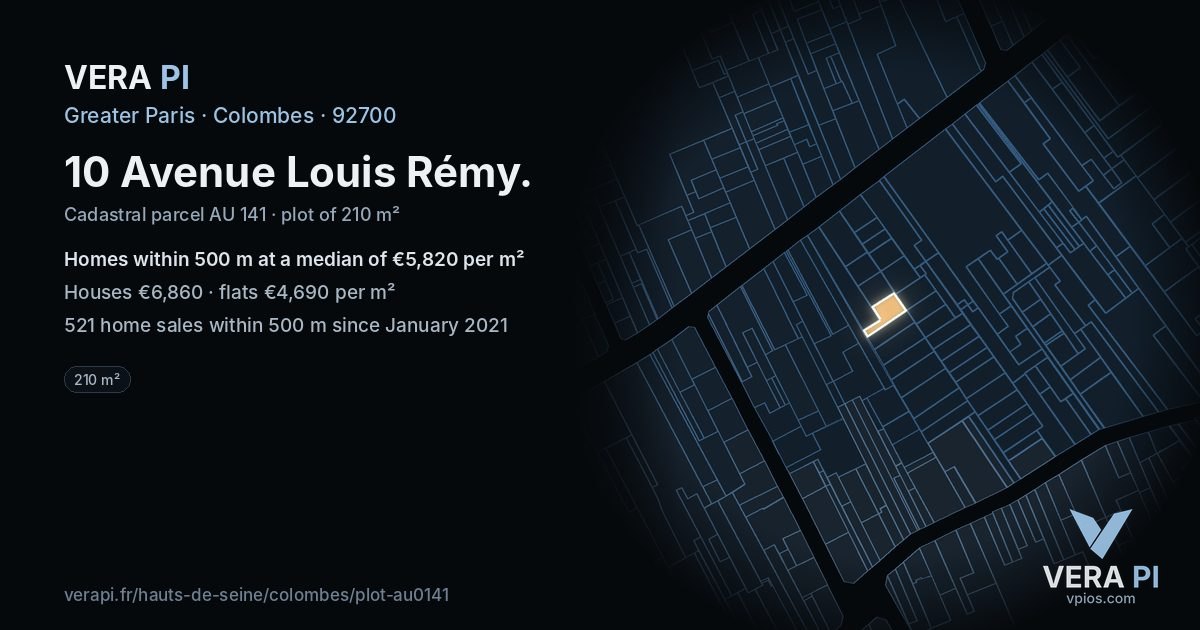 10 Avenue Louis Rémy, Colombes at night – the plot lit, the parcels around coloured by the prices near them