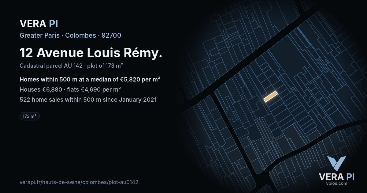 12 Avenue Louis Rémy, Colombes at night – the plot lit, the parcels around coloured by the prices near them