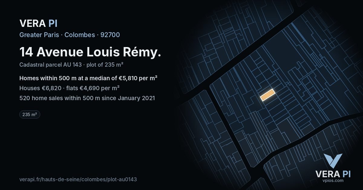 14 Avenue Louis Rémy, Colombes at night – the plot lit, the parcels around coloured by the prices near them