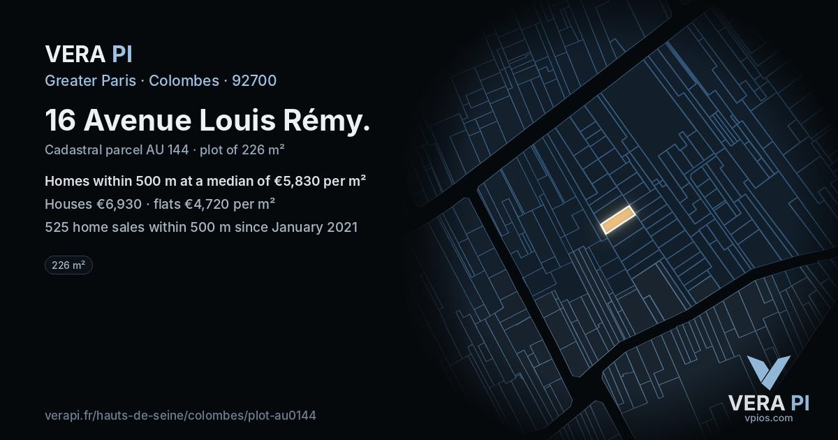 16 Avenue Louis Rémy, Colombes at night – the plot lit, the parcels around coloured by the prices near them