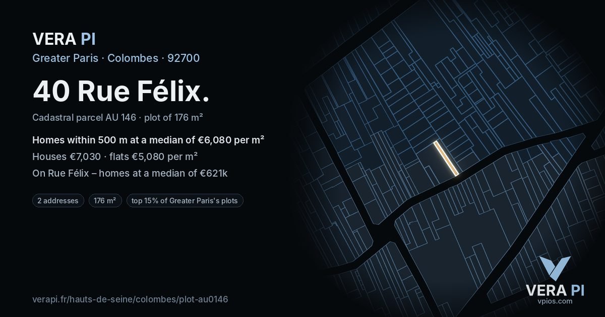 40 Rue Félix, Colombes at night – the plot lit, the parcels around coloured by the prices near them